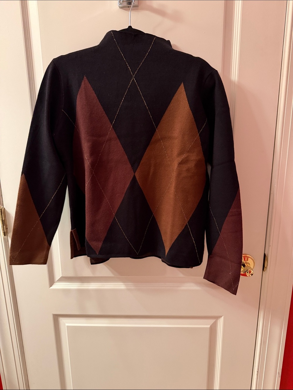 Black Cardigan with Brown and Black Argyle Pattern